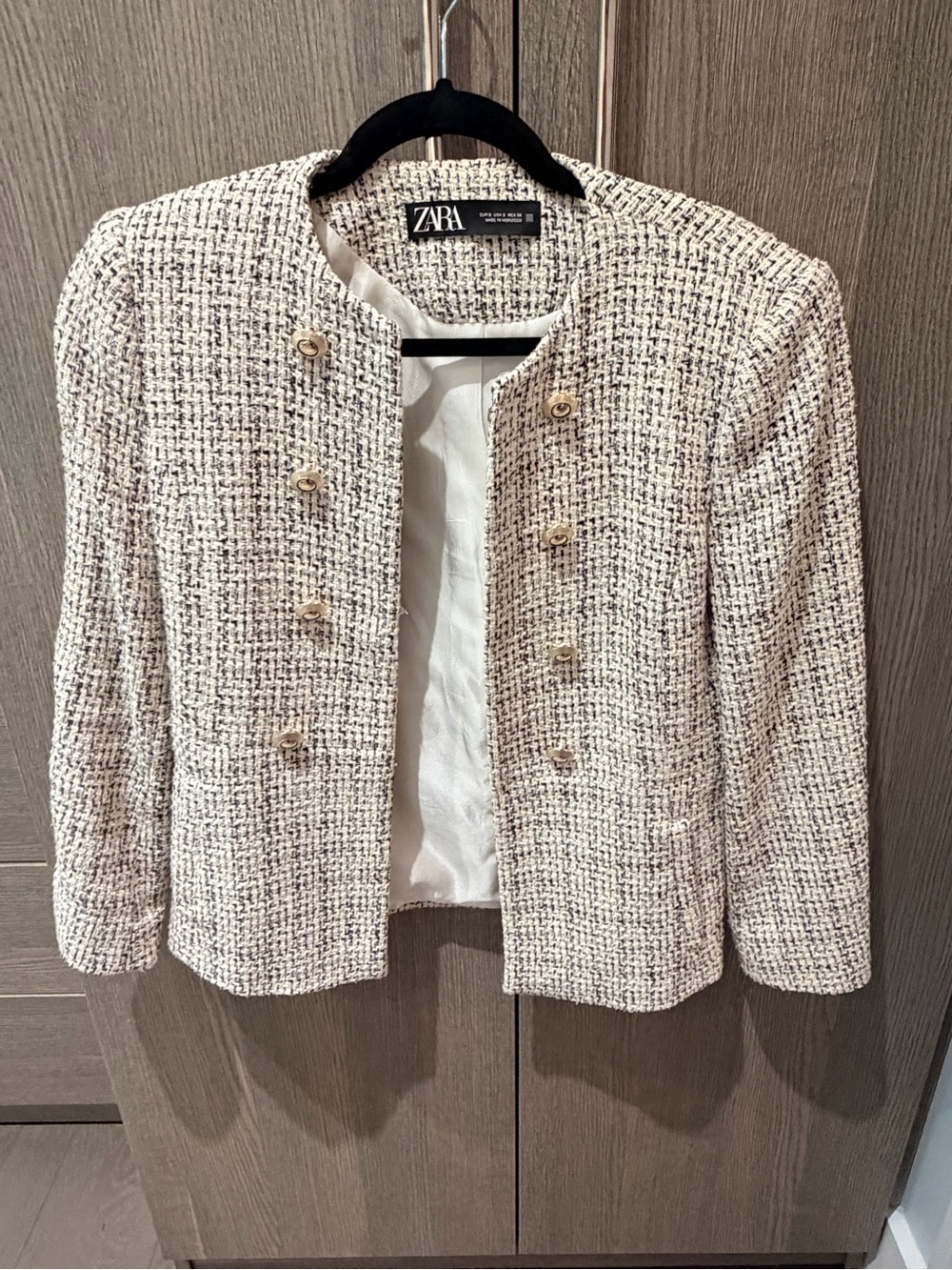 Zara Cream-Tone Tweed Double-Breasted Blazer with Gold Buttons